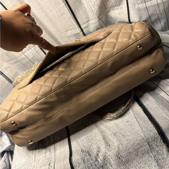 Tan Quilted Tote Bag with Diamond Pattern and Tassels - Picture 8 of 8